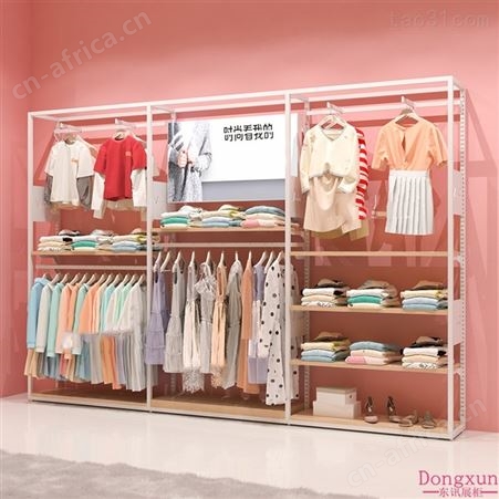 服装展示架 高档女装店货架 落地包包展示架双层落地铁艺挂衣服架子 衣服货架上墙服装架定制厂家