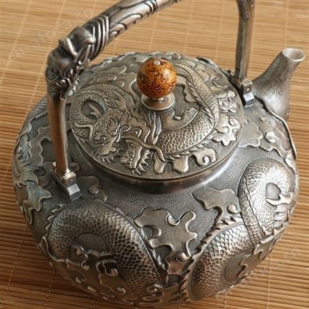 双龙戏珠银壶 纯银999烧水壶雪花银纯手工银茶壶一张打日式煮茶壶